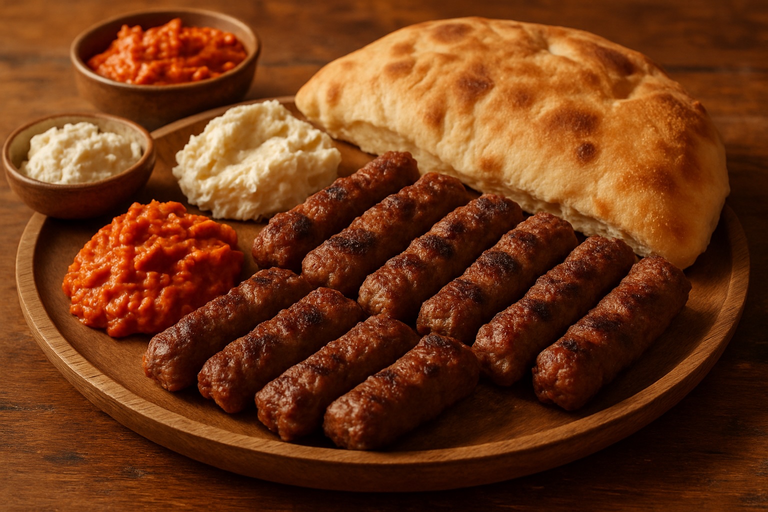 Eine serbische Grillplatte mit Ćevapi, Ajvar und Kajmak auf einem Holztisch