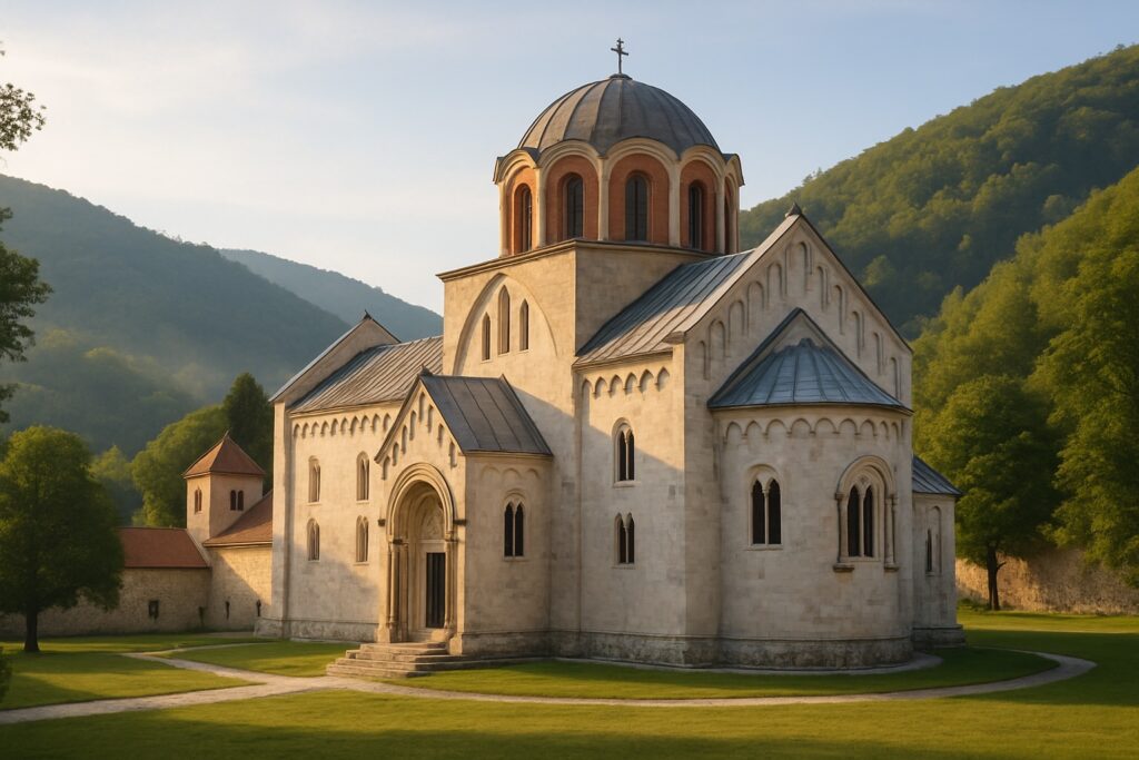 Die weiße Marmorkirche des mittelalterlichen Klosters Studenica in Serbien